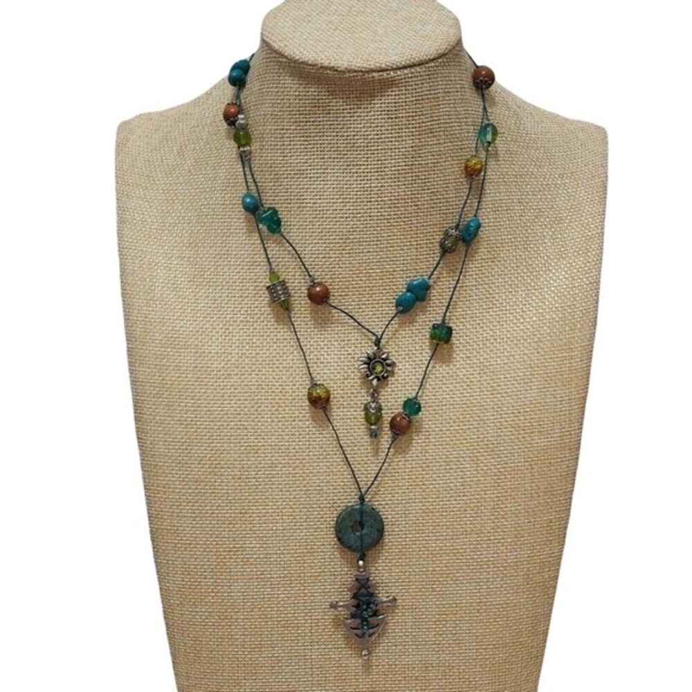 Treska Layered Cord Necklace‎ Turquoise Green Glass Wood Bead Tribal Sun Pendant